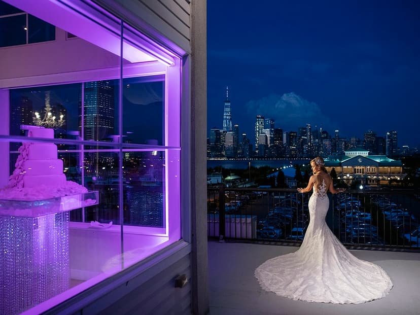 Bride with Manhattan skyline at night