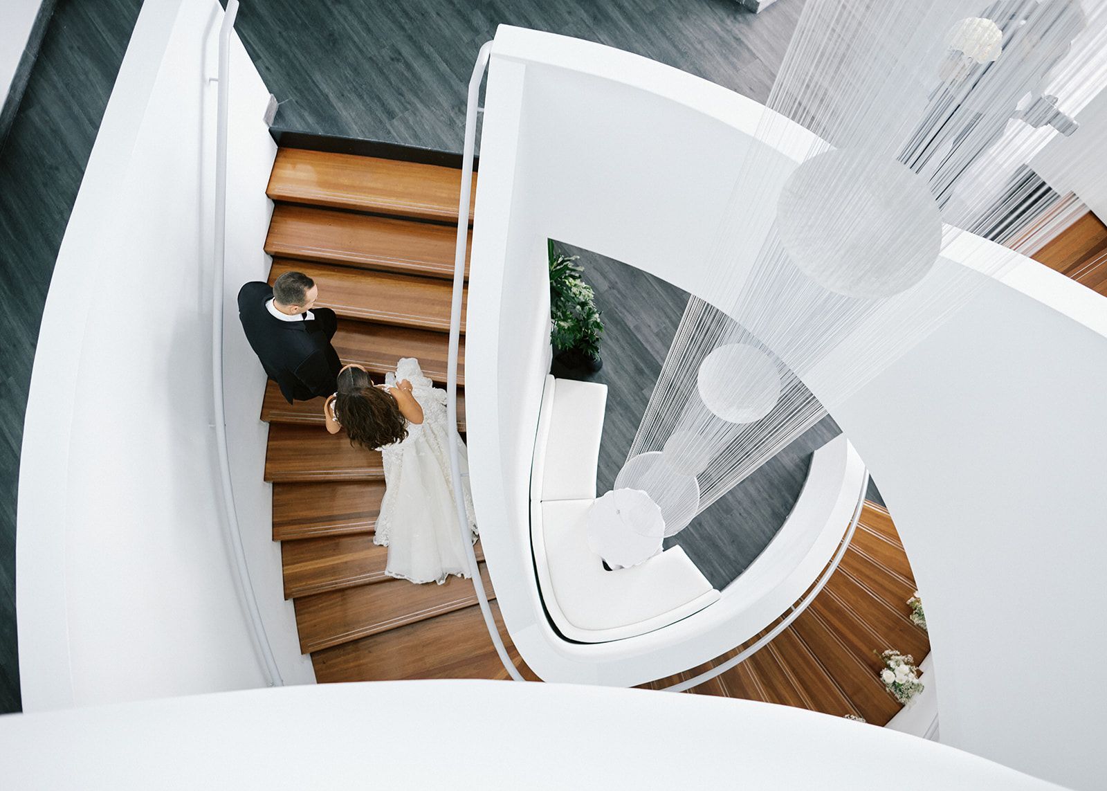 Wedding ceremony with white floral arrangements
